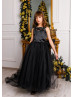 Black Lace Appliques Tulle Flower Girl Dress With Train